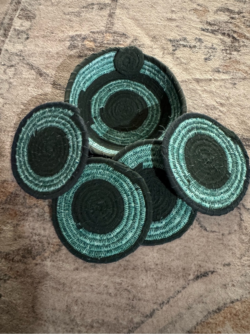 Handwoven Black and Teal Round Coaster Set - 6 Pack